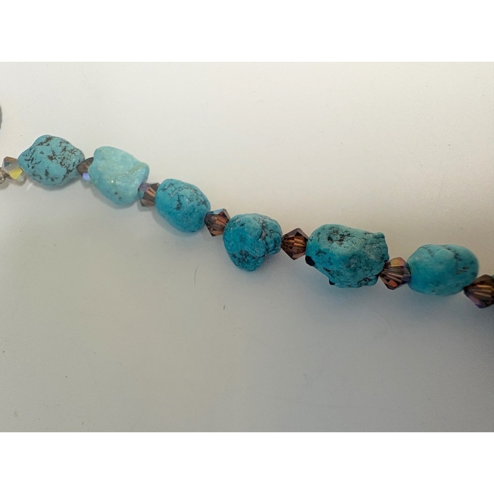 Turquoise Nugget and Crystal Beaded Bracelet Sterling Silver Toggle Clasp 6.5"